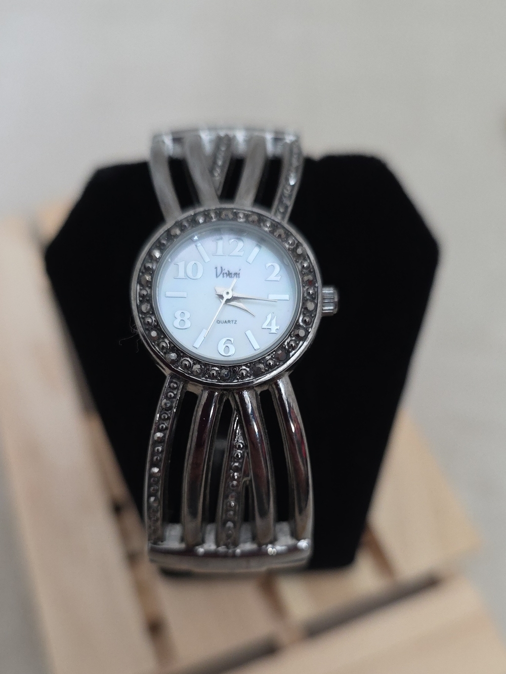 Vibin Gunmetal Cuff Watch Rhinestone Bezel White Dial Fashion Watch